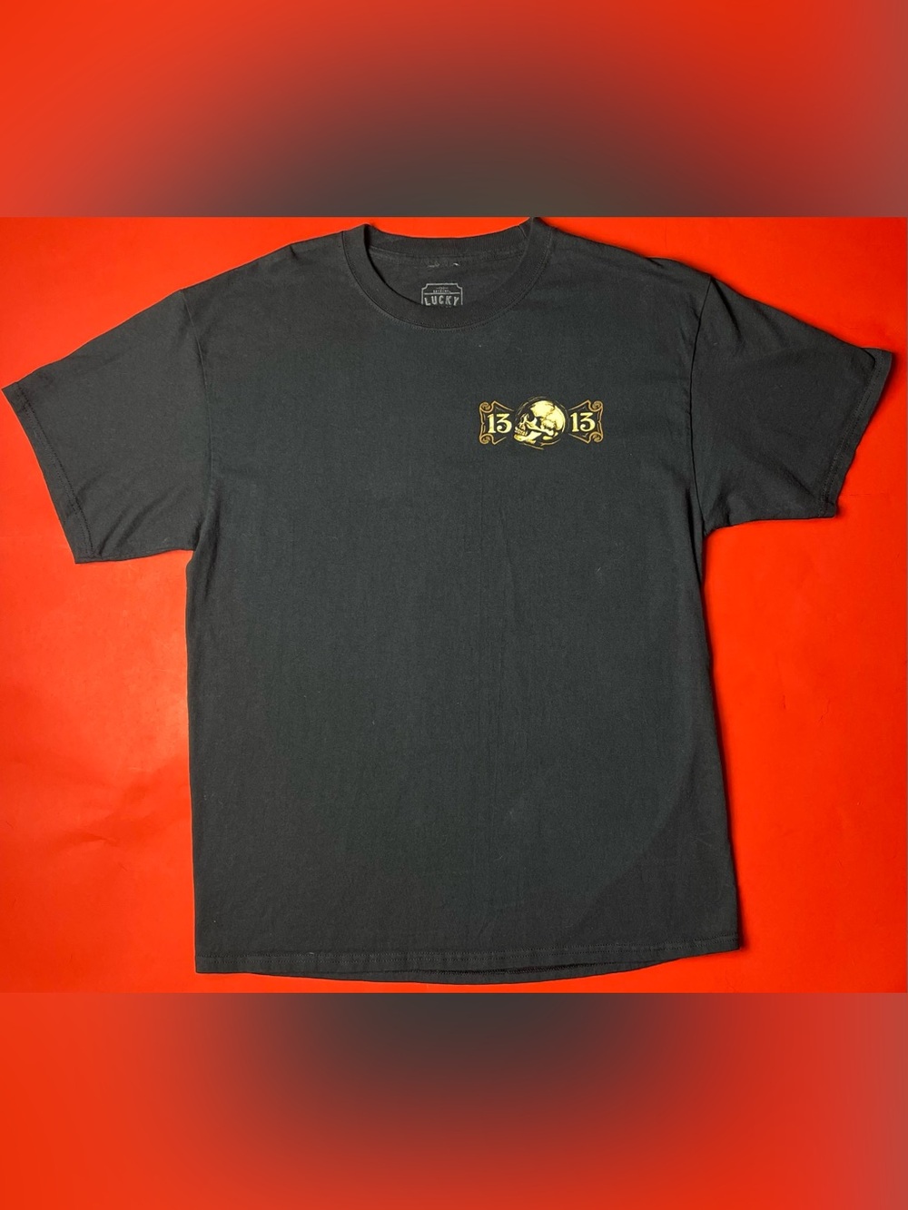 Lucky Brand Black Tee with Gold Skull & '13' Chest Graphic